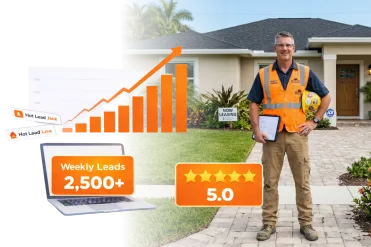 Digital marketing growth chart showing 2,500+ weekly leads and 5. 0 rating for home service contractors and residential service providers.