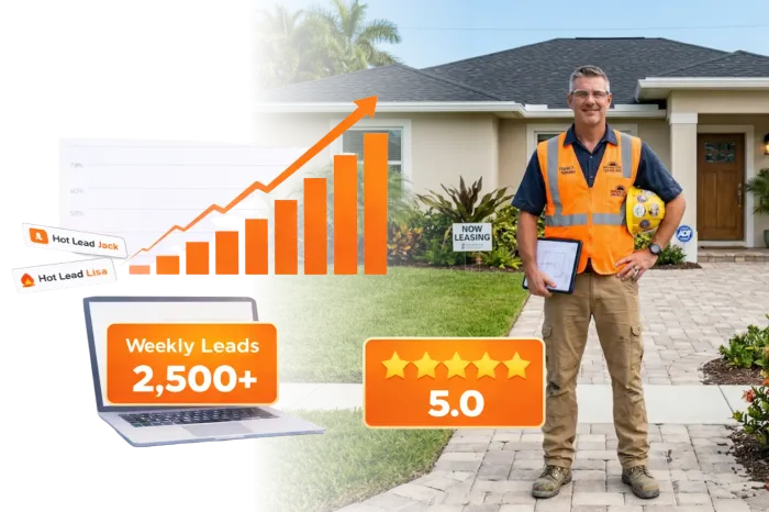 Digital marketing growth chart showing 2,500+ weekly leads and 5. 0 rating for home service contractors and residential service providers.