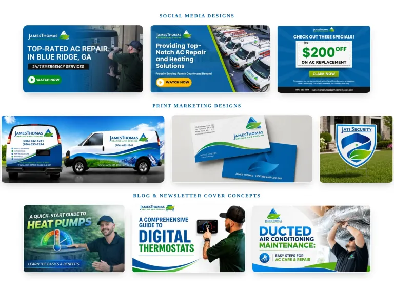 Brand development deliverables for james thomas heating and cooling, showing logo variations, typography, color palette, and marketing collateral