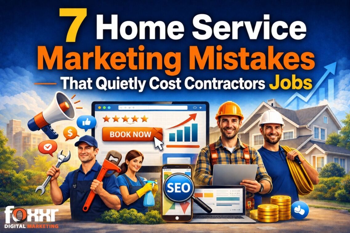 Illustration of home service contractors using digital marketing, including SEO, online booking, and social media, to increase jobs and revenue. Features plumbers, electricians, cleaners, and construction professionals with laptops, tools, and marketing icons, highlighting common marketing mistakes that can cost contractors business.