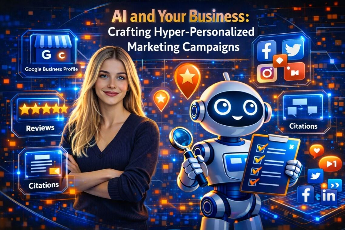 AI marketing blog cover with a woman, robot, social icons, and the headline “AI and Your Business: Crafting Hyper-Personalized Marketing Campaigns.”