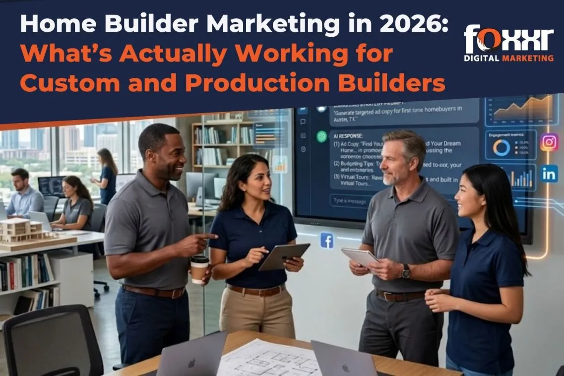 Home builder marketing strategies for 2026: A team discussing digital marketing, AI tools, and virtual tours, with a focus on custom and production builders