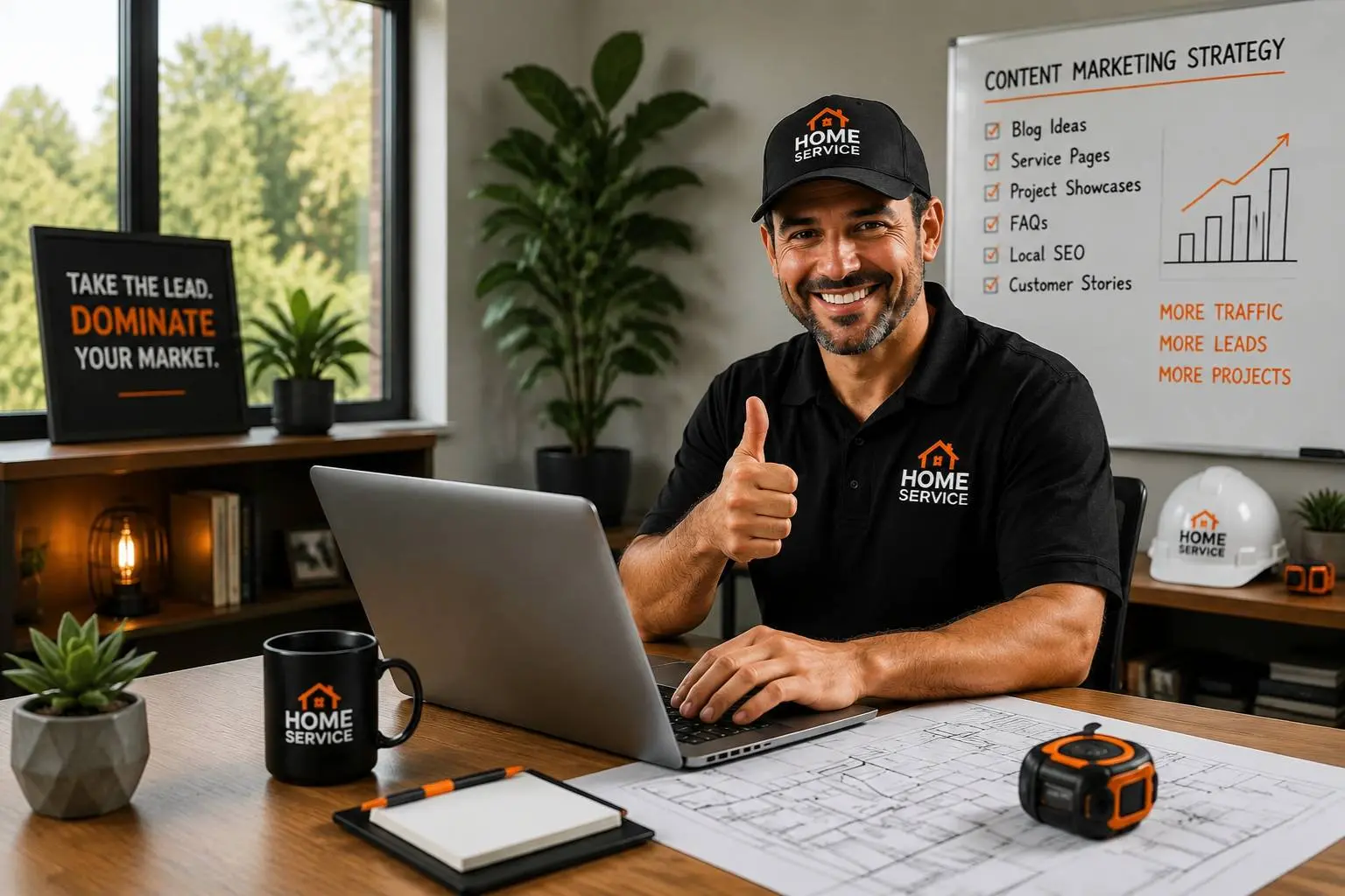 A smiling home service contractor giving a thumbs up at his desk with a laptop, blueprints, and a whiteboard outlining a content marketing strategy by foxxr digital marketing.