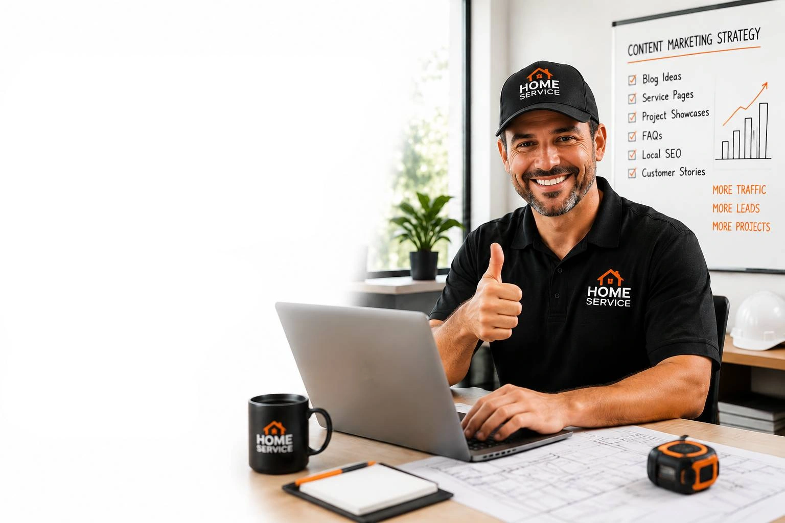 A home service professional giving a thumbs up at a desk next to a foxxr digital marketing content marketing strategy checklist featuring blog ideas, service pages, and local seo.