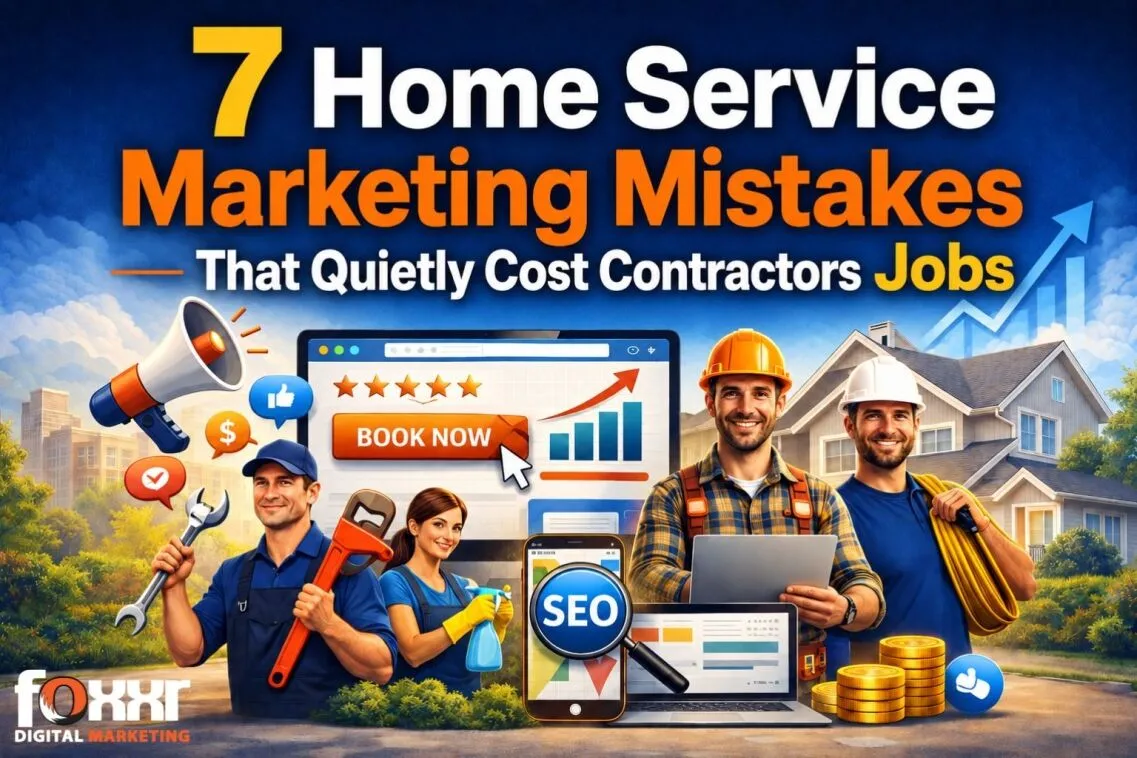 Illustration of home service contractors using digital marketing, including SEO, online booking, and social media, to increase jobs and revenue. Features plumbers, electricians, cleaners, and construction professionals with laptops, tools, and marketing icons, highlighting common marketing mistakes that can cost contractors business.
