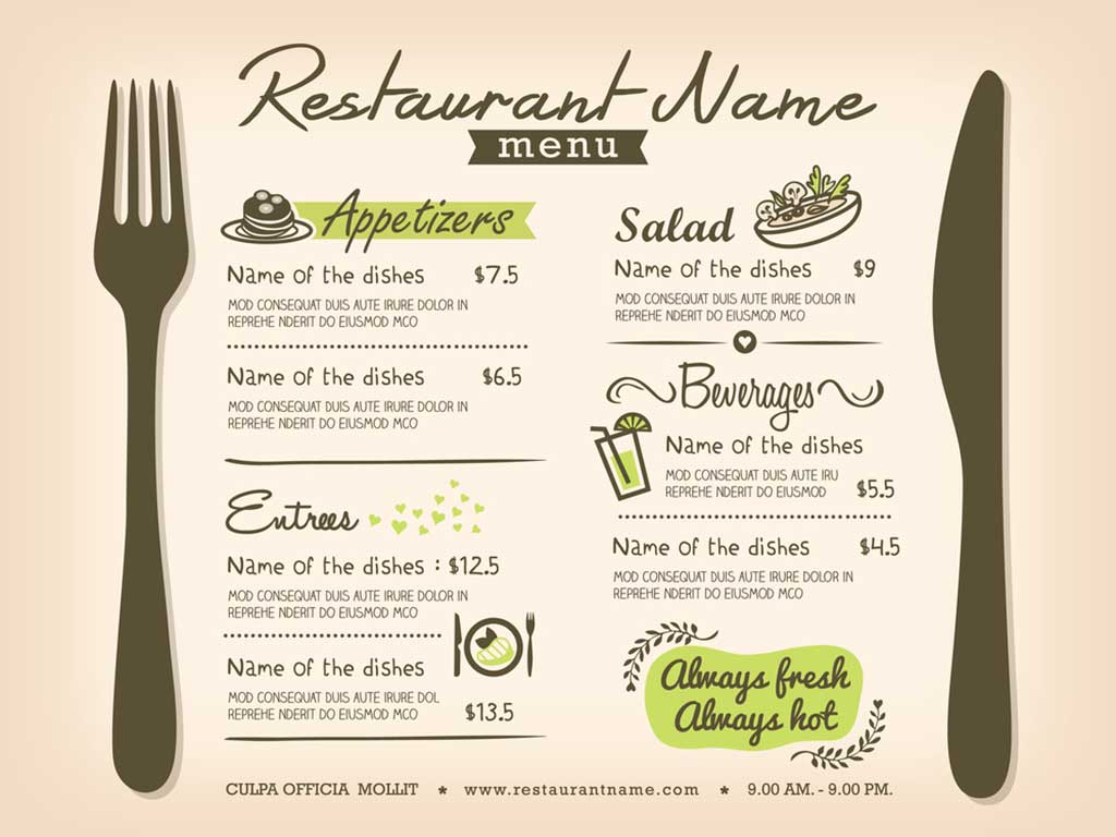 Restaurant menu sample