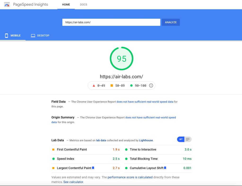 Page speed insights mobile score