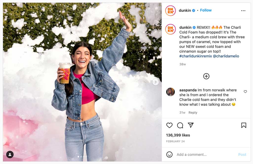 Charli cold foam dunkin - influencer instagram marketing