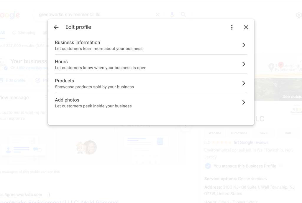 Edit google business profile on search