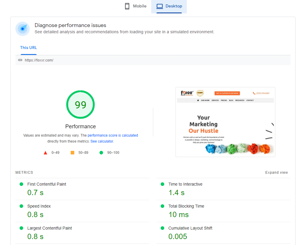 Foxxr page speed insights capture