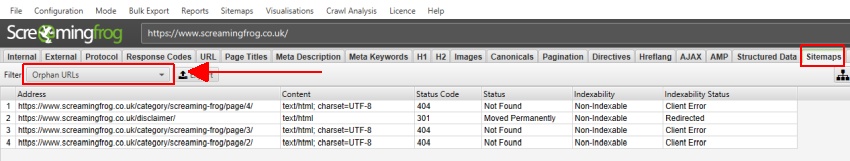 Orphan pages sitemap screaming frog