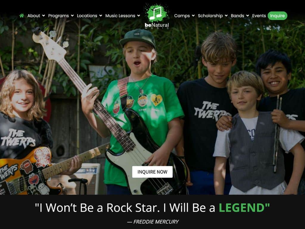 Screenshot of be natural music's website hero