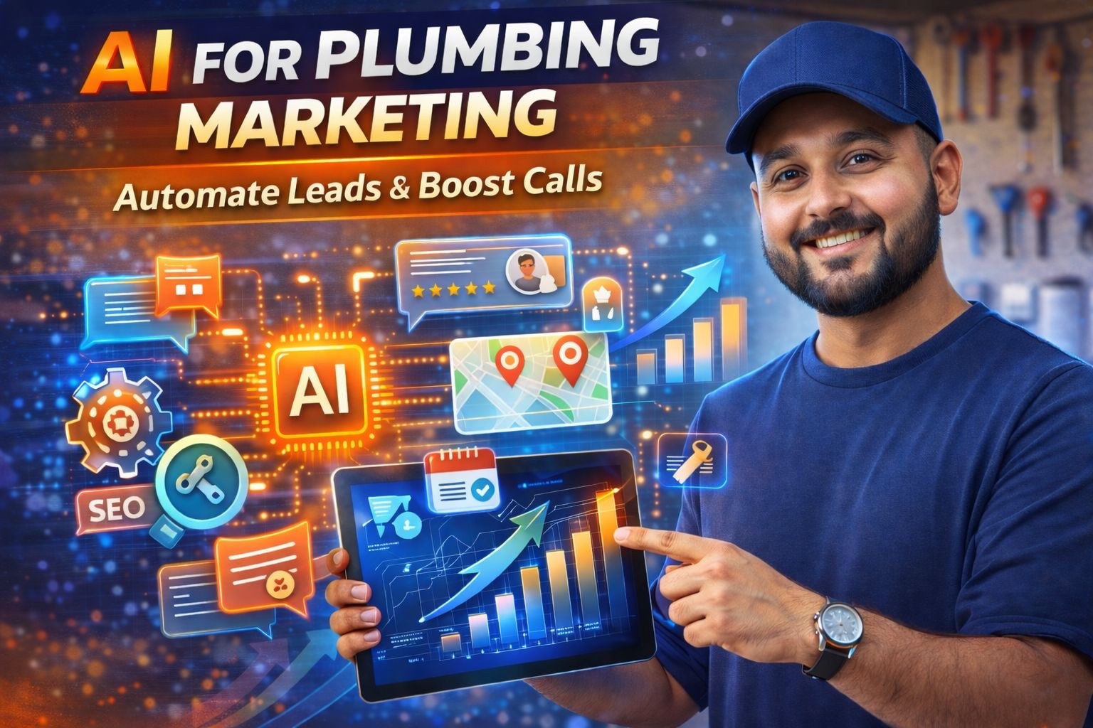 Ai tools for plumbing marketing, showcasing digital strategies and analytics for business growth and customer engagement.