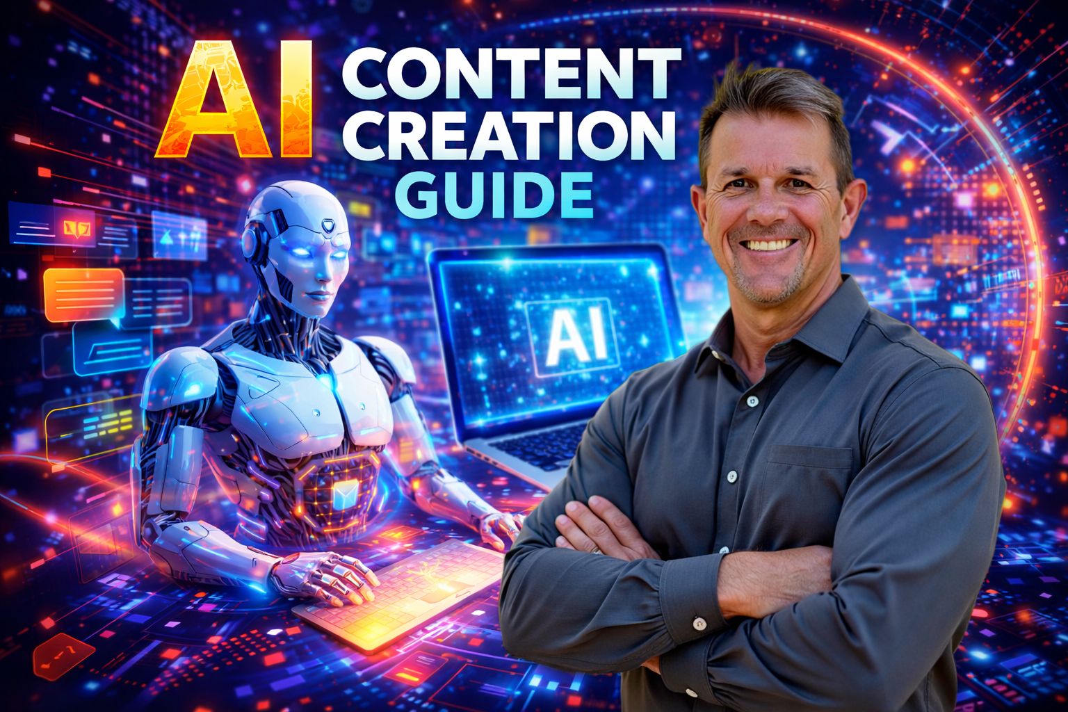 Ai content creation guide cover image showing a confident digital marketer standing with arms crossed beside a futuristic ai assistant working on a laptop, representing modern ai-powered content marketing.