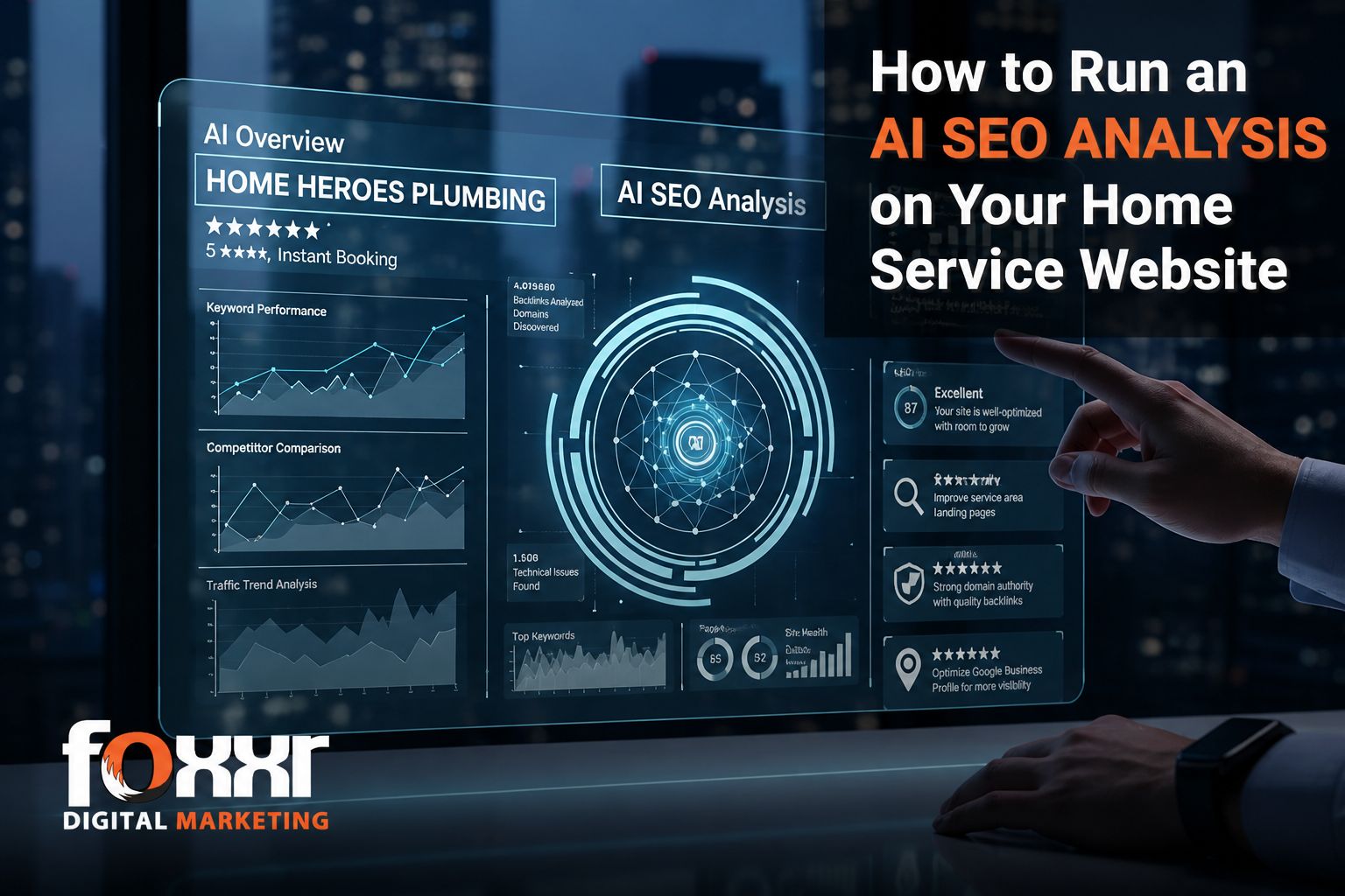A person interacts with a digital display showing ai seo analysis for a plumbing website. The screen displays graphs and metrics. The mood is professional and futuristic.