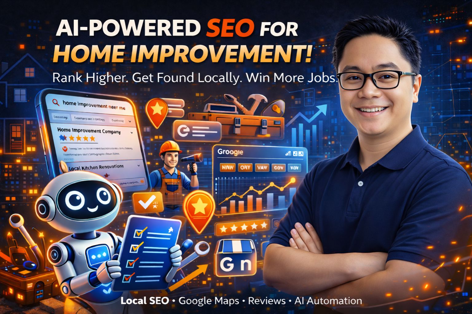 Ai-powered seo graphic for home improvement businesses featuring a professional in a navy polo with local search and analytics icons.