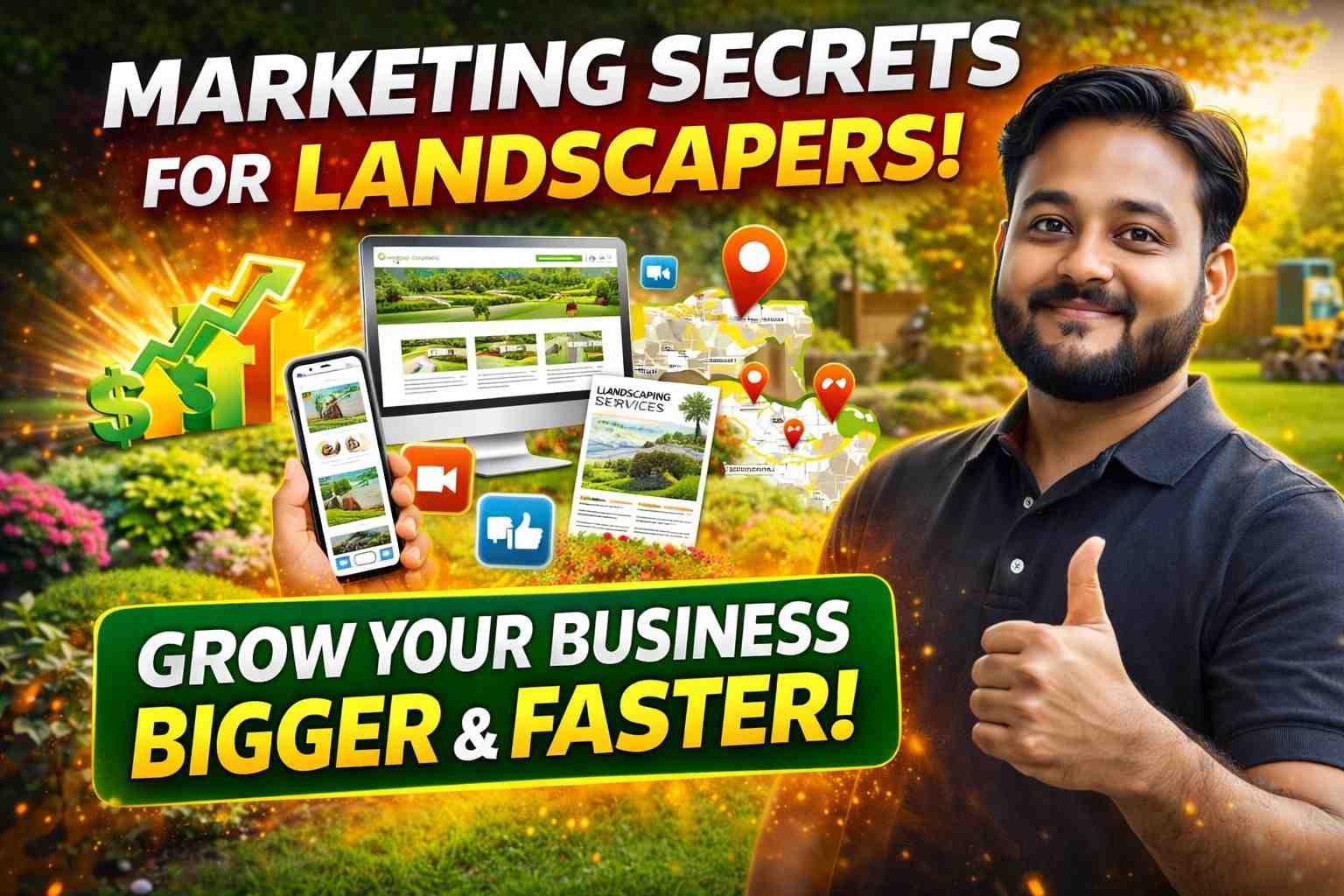 A confident south asian man in a polo shirt gives a thumbs-up with marketing icons and text: "marketing secrets for landscapers! " against a vibrant garden backdrop.