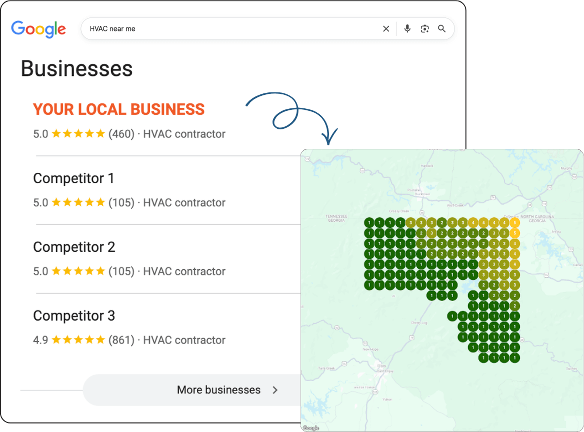 Google Search Result Showing A Local Hvac Business Ranking At The Top With A 5-Star Rating, Followed By Competitors With Their Respective Ratings, Alongside A Local Seo Map Visualizing The Search Ranking Positions Across Various Locations. Google search result showing a local hvac business ranking at the top with a 5-star rating, followed by competitors with their respective ratings, alongside a local seo map visualizing the search ranking positions across various locations.