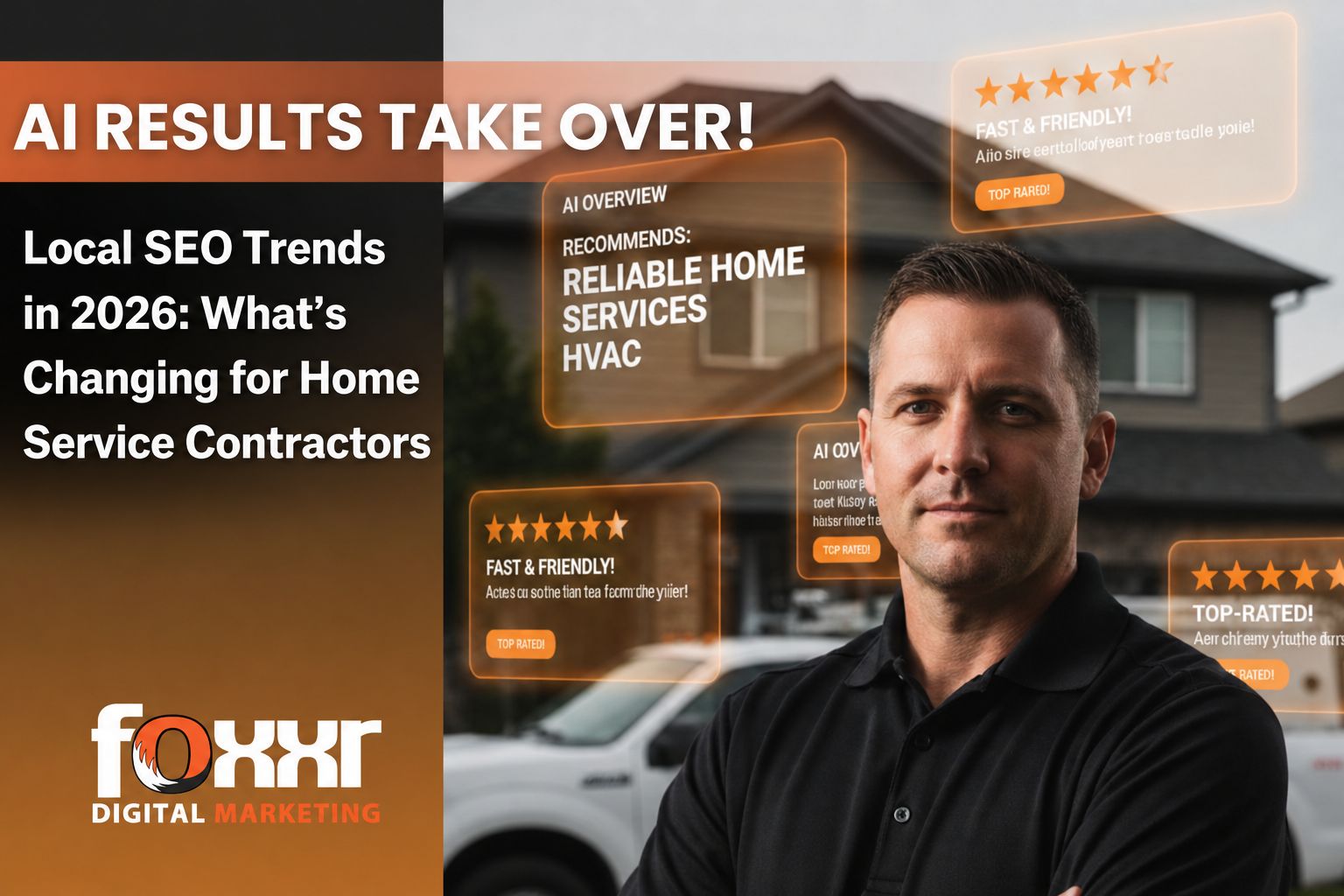 Man in front of suburban house with floating digital panels showing ai reviews for home services. Text highlights local seo trends for 2026.