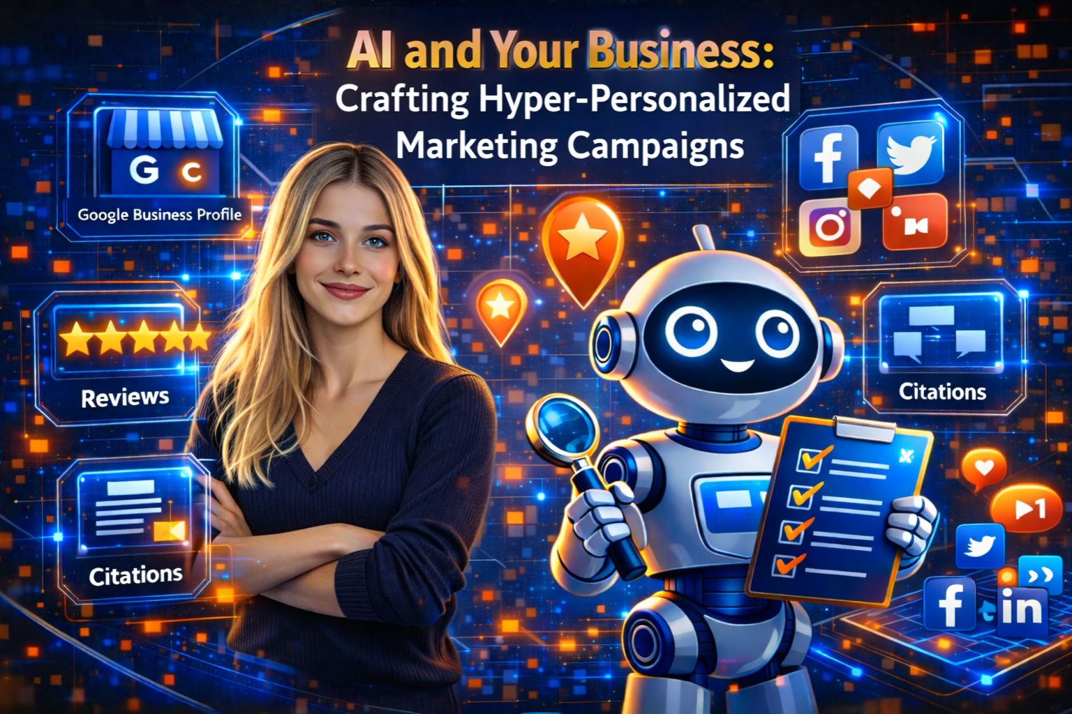 Ai marketing blog cover with a woman, robot, social icons, and the headline “ai and your business: crafting hyper-personalized marketing campaigns. ”