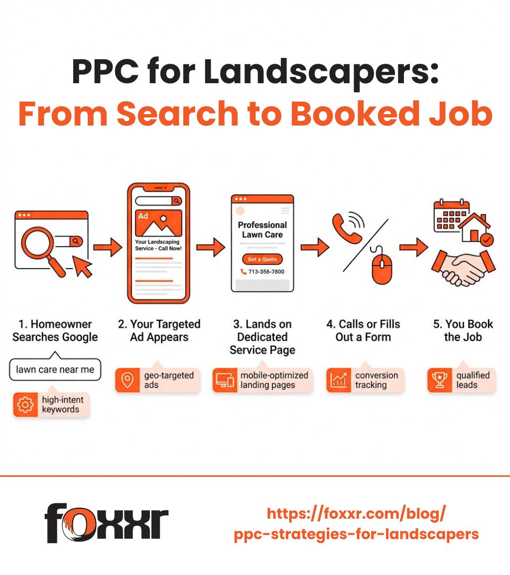 Infographic showing how ppc for landscapers works: a homeowner searches google for 'lawn care near me' → your targeted ad appears at the top of search results → they click and land on your dedicated service page → they call or fill out a form → you book the job. Each step includes key metrics: high-intent keywords, geo-targeted ads, mobile-optimized landing pages, conversion tracking, and qualified leads.