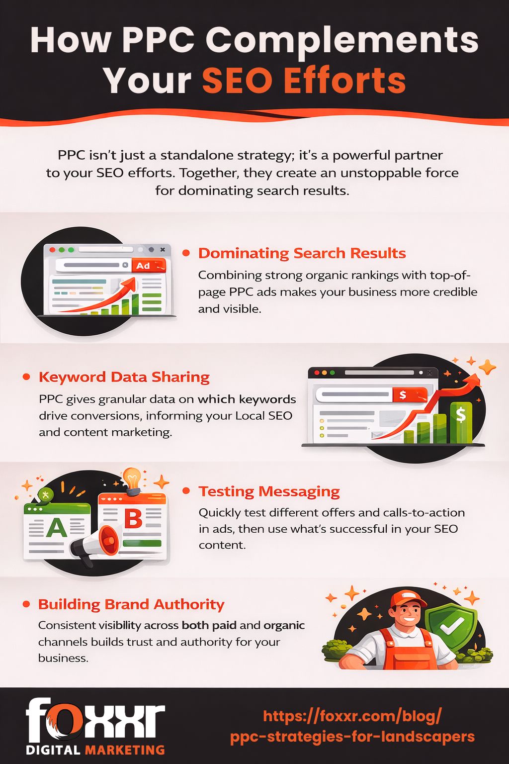 Infographic titled 'how ppc complements your seo efforts' illustrating the synergy between ppc and seo through four key points: dominating search results, keyword data sharing, testing messaging, and building brand authority.