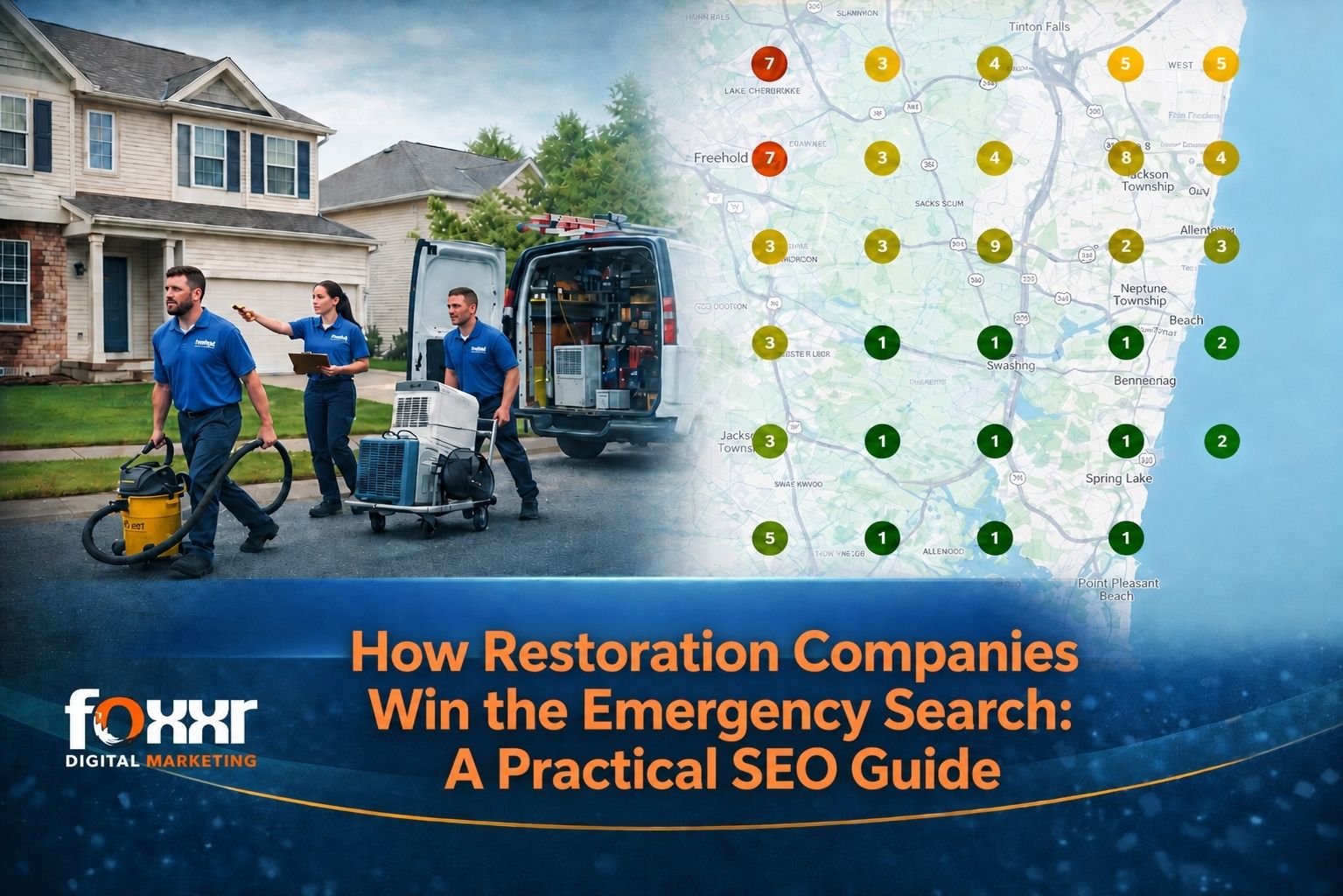 Three workers in blue uniforms carry equipment from a van outside a house. A map with numbered points is on the right. Text: “how restoration companies win the emergency search: a practical seo guide. ”