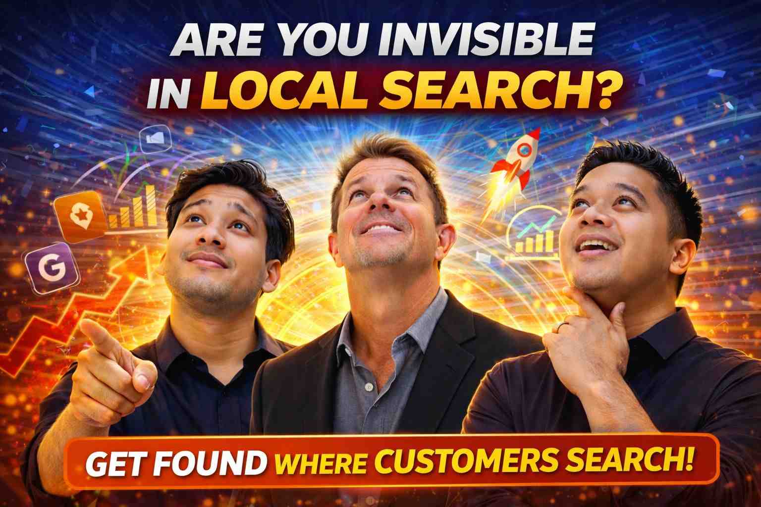 Three professionals looking up at the text "are you invisible in local search? " with a background of google search icons and growth arrows.