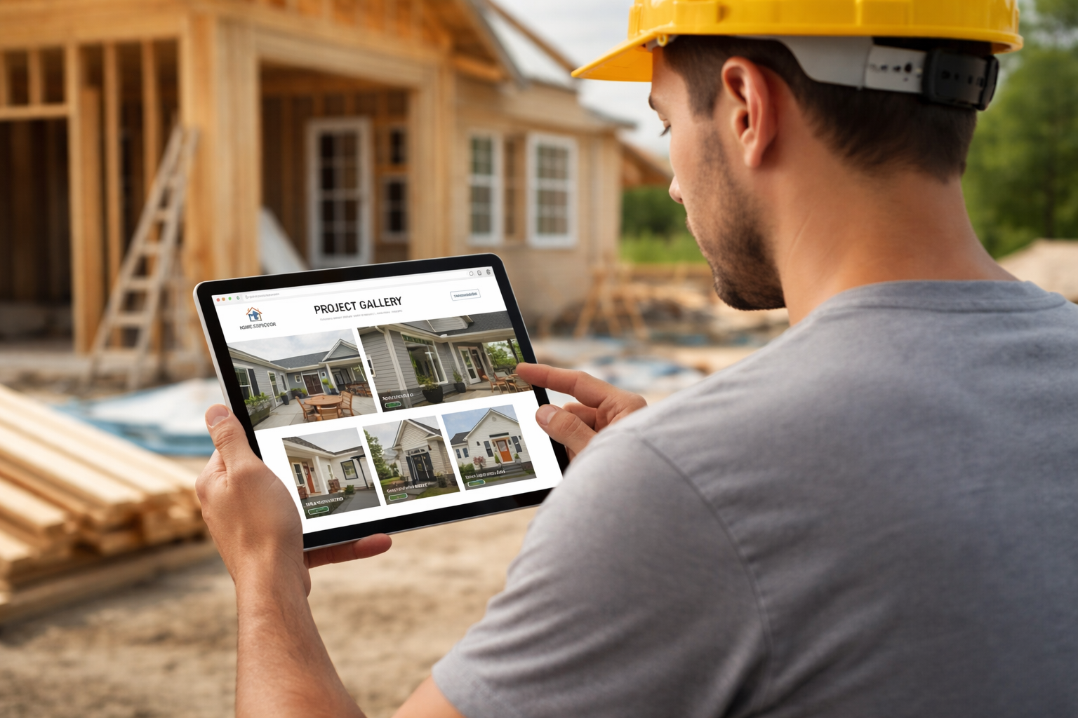 User-Inserted Ontractor wearing a t-shirt and yellow hard hat reviewing a home construction project gallery on a tablet, browsing residential building and renovation projects online.