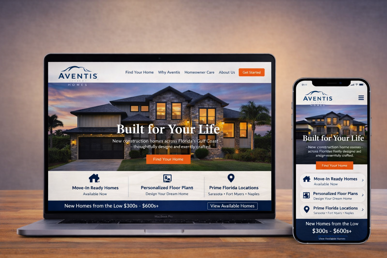 Digital mockup showing the aventis homes website on a laptop and smartphone, featuring services, certifications, and a 'request service' button.