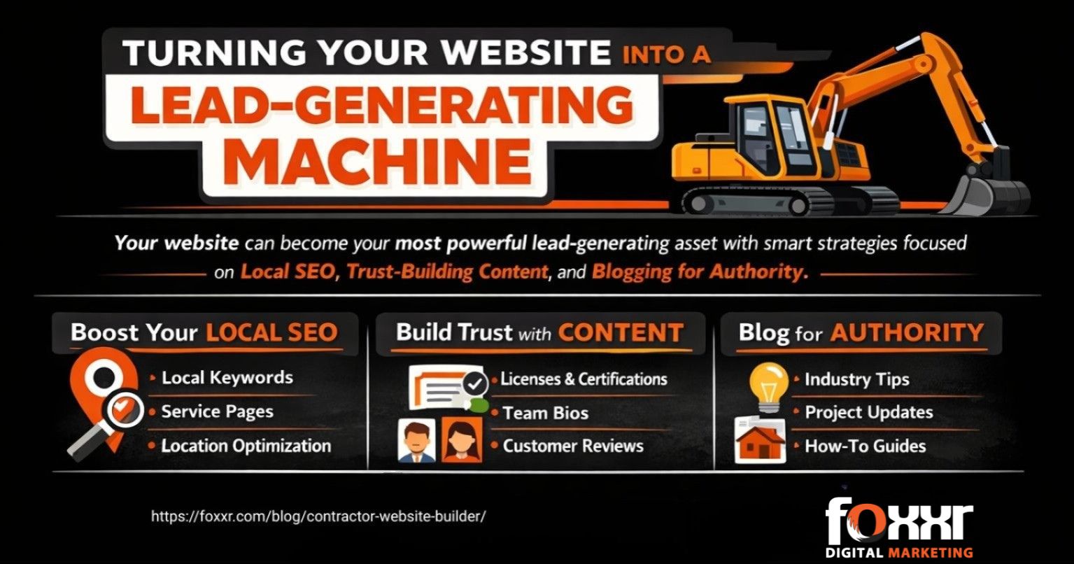User-Inserted Infographic titled “turning your website into a lead-generating machine” using black, orange, and white branding from foxxr digital marketing, highlighting three strategies for contractors: local seo with service and location pages, building trust through licenses and reviews, and blogging to create authority with industry tips and project updates