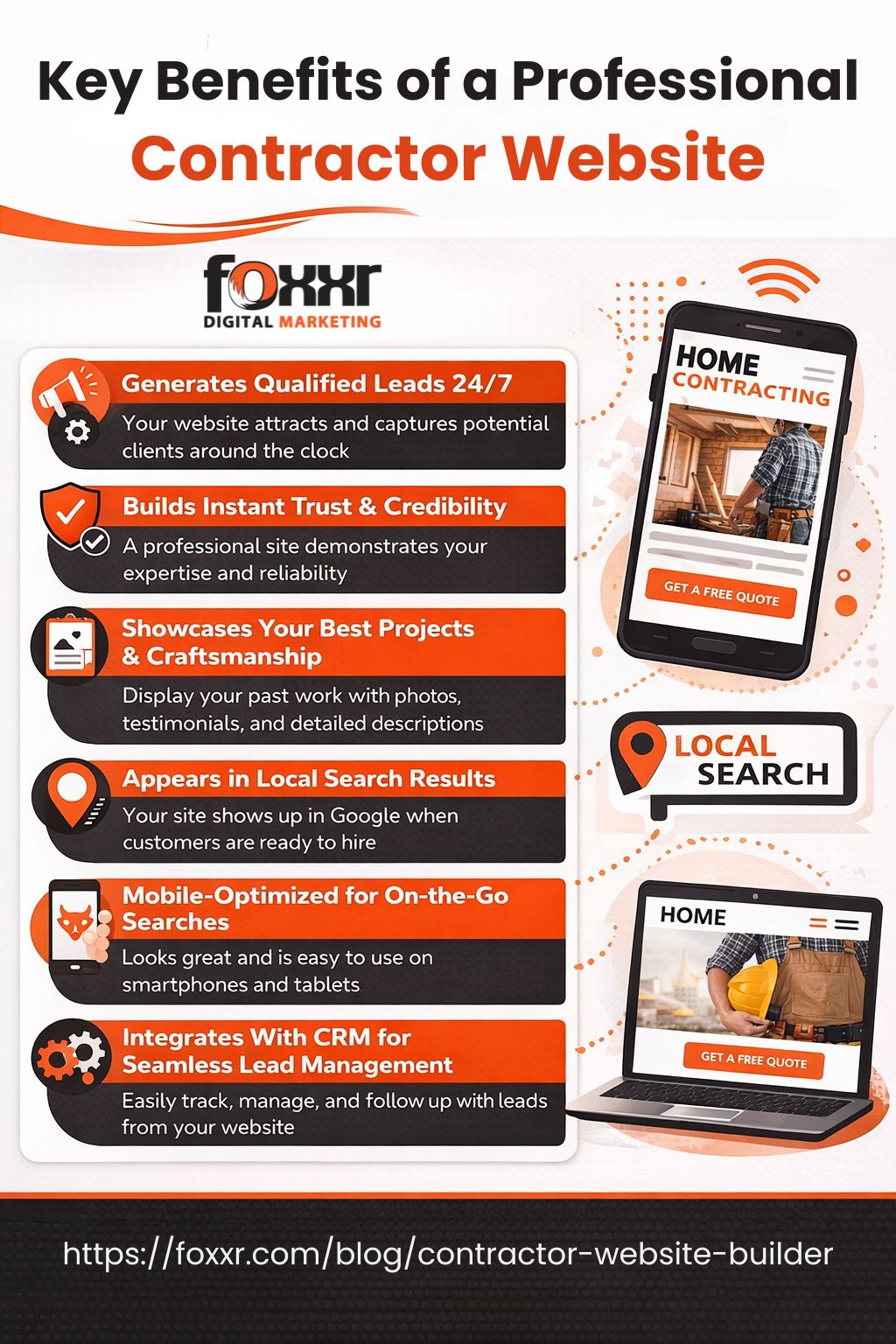 User-Inserted Infographic showing the key benefits of a professional contractor website including lead generation, trust building, showcasing projects, local search visibility, mobile optimization, and crm integration.