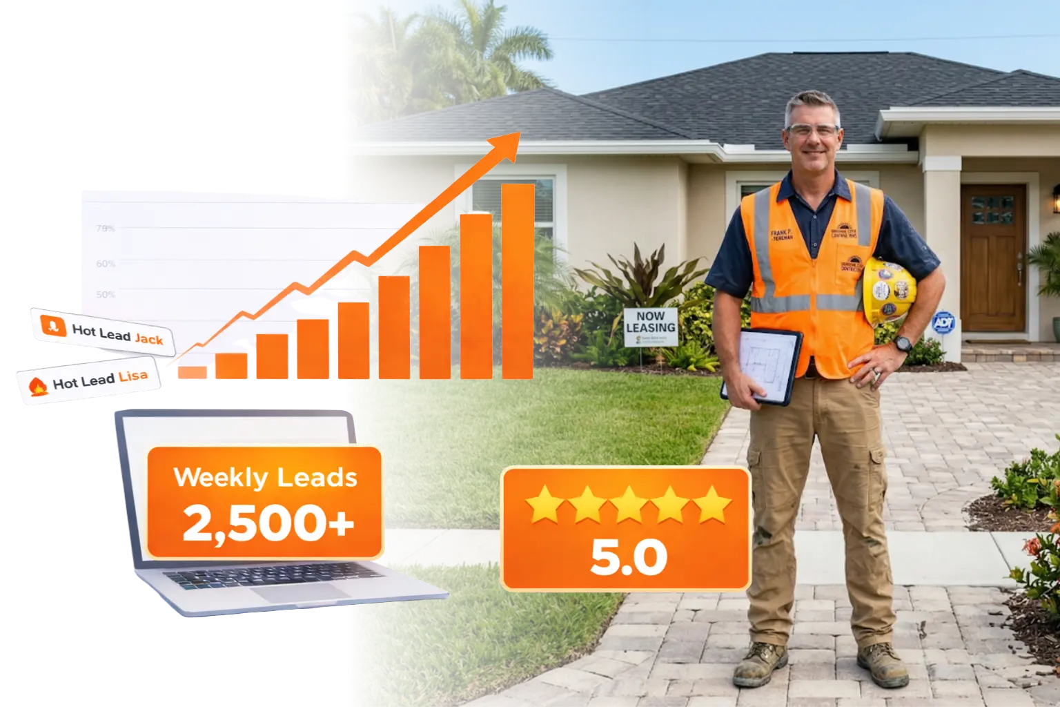 Digital marketing growth chart showing 2,500+ weekly leads and 5. 0 rating for home service contractors and residential service providers.