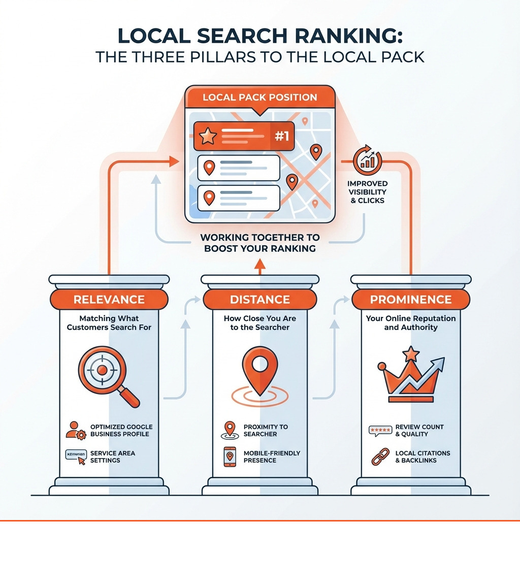Infographic explaining the three pillars of local search ranking: relevance, distance, and prominence, and how they impact local pack position.