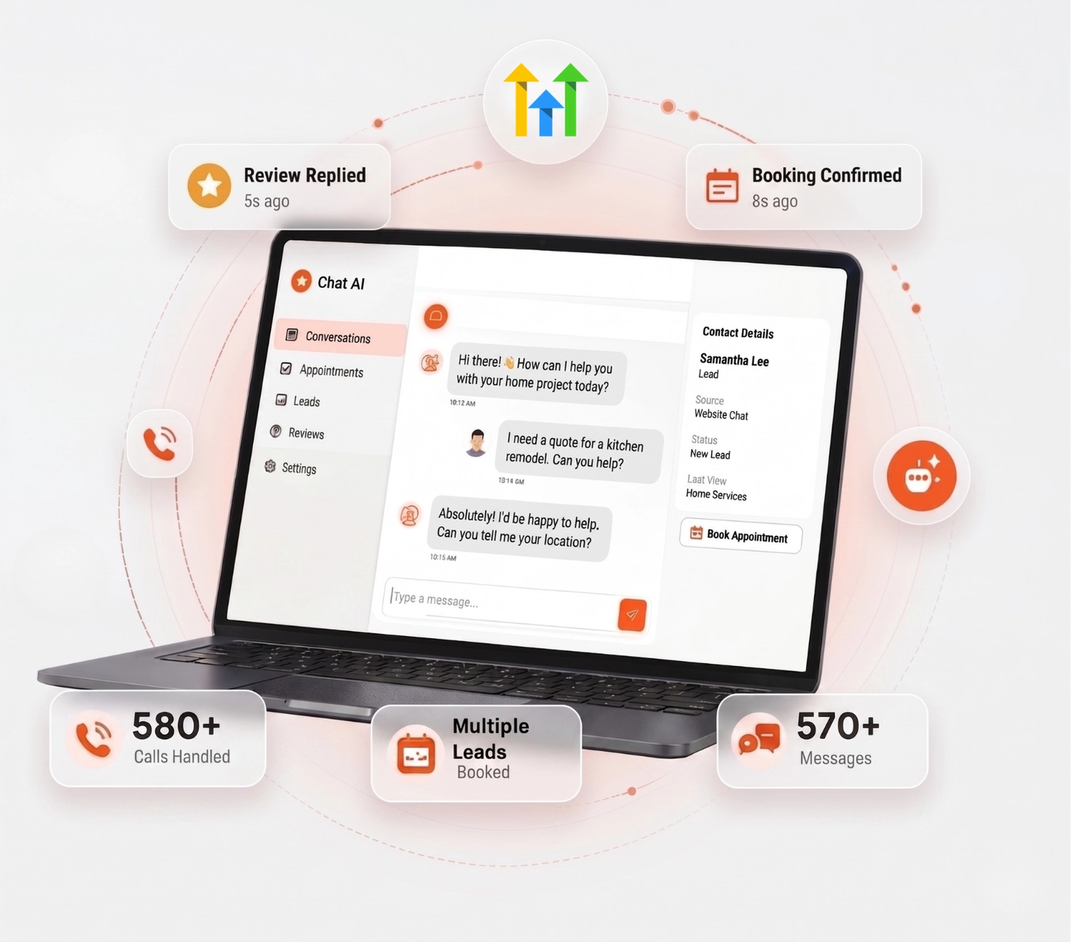 Ai chatbot on laptop handling conversations, tracking calls, and bookings for lead generation.