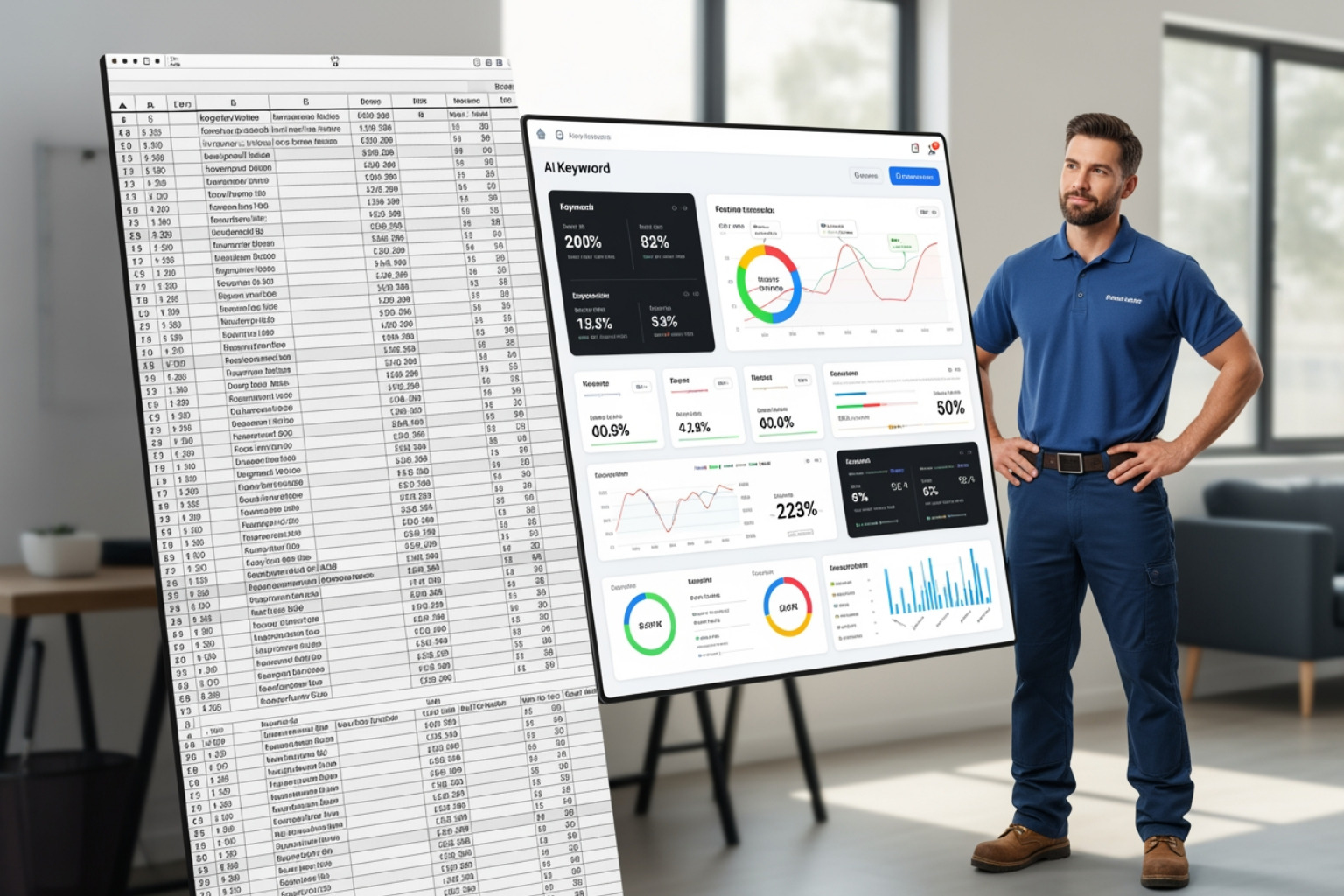 A person analyzing ai keyword data on a large display, with a spreadsheet and seo performance dashboard visible, showcasing keyword metrics and trends.