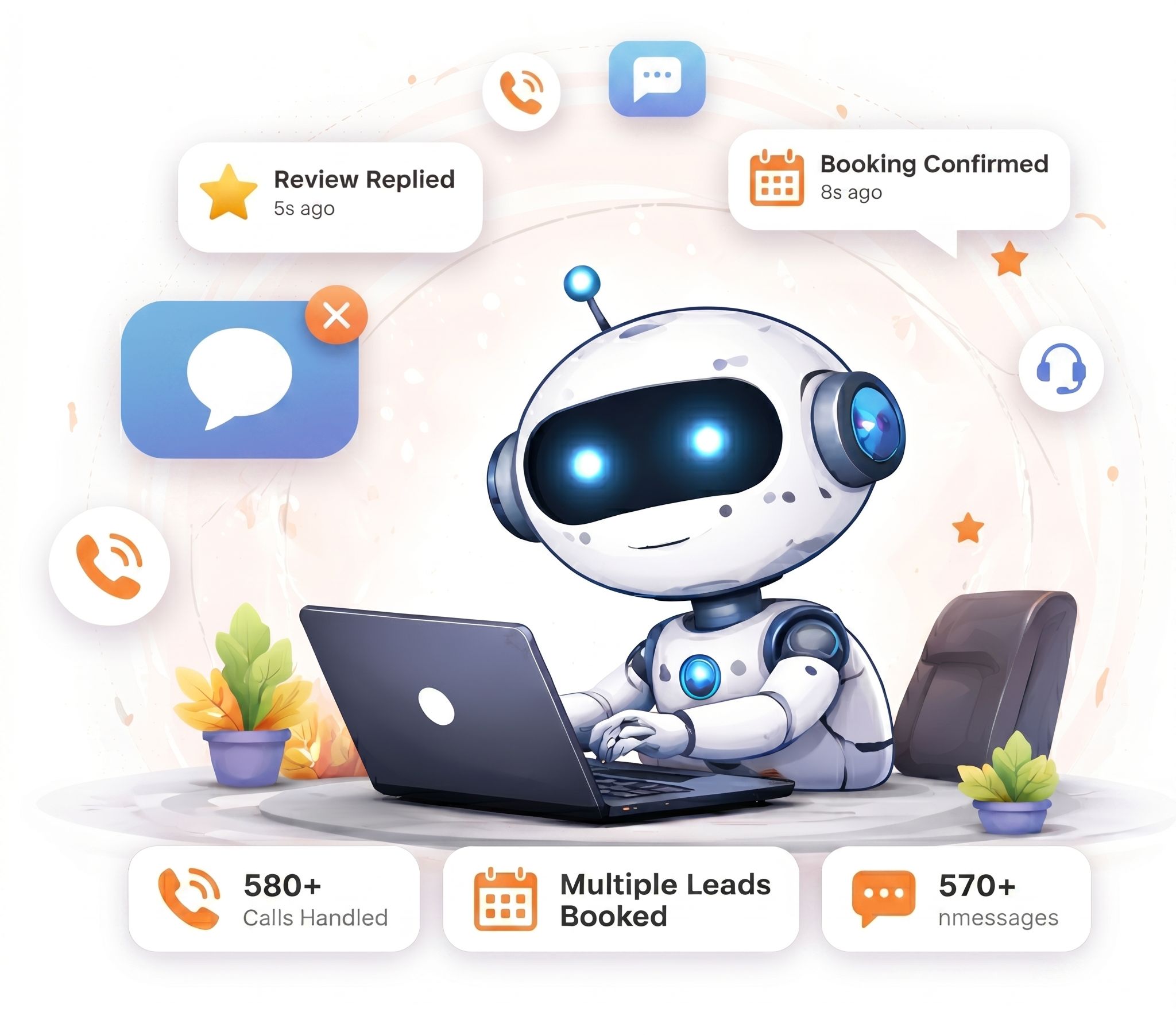 Friendly ai chatbot robot handling multiple leads, calls, and messages for lead generation.