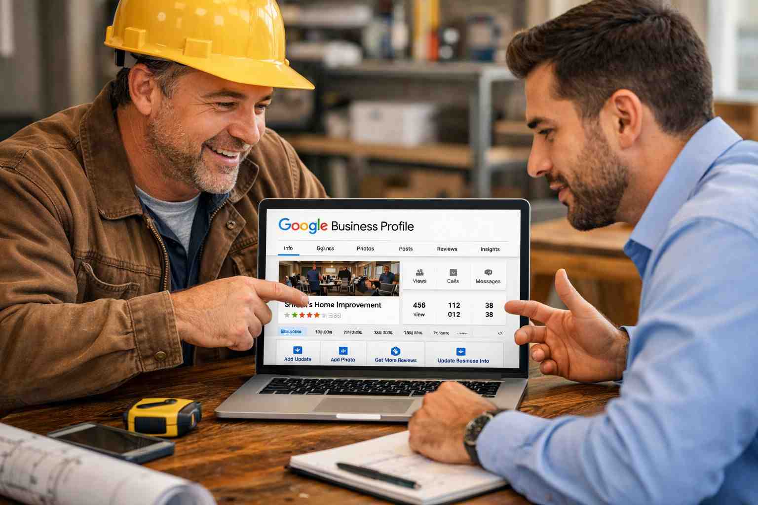 User-Inserted Construction professionals reviewing google business profile for local seo optimization, discussing views, reviews, and engagement metrics.