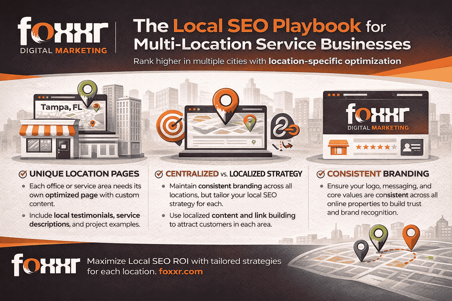 User-Inserted Local seo strategy for multi-location service businesses, emphasizing unique location pages, centralized vs. Localized strategy, and consistent branding.