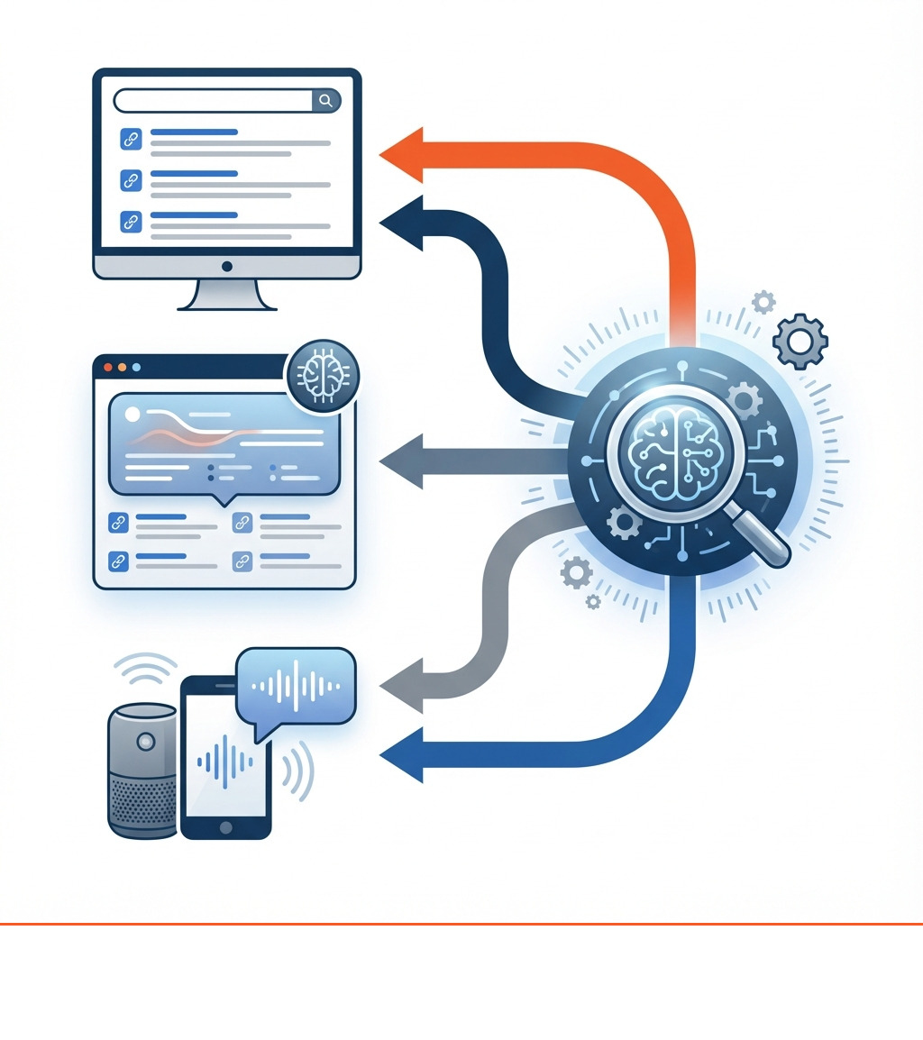 An illustration of search engines and ai analysis, showing the connection between search queries, voice assistants, and ai-driven insights across devices like computers, phones, and smart speakers.