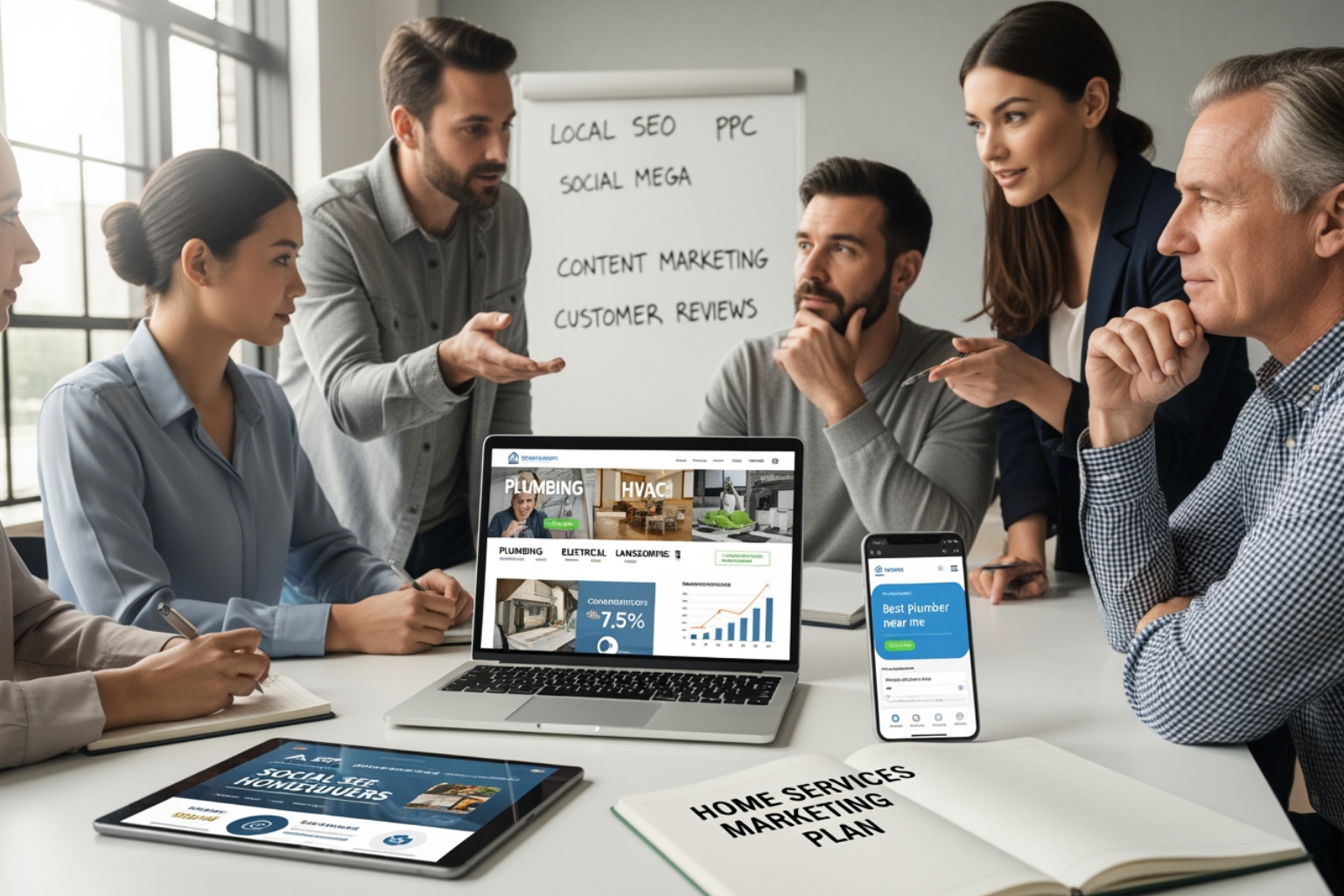 A team of professionals discussing a home services marketing plan, analyzing data on laptops and tablets, with a whiteboard listing key strategies such as local seo, ppc, social media, content marketing, and customer reviews.