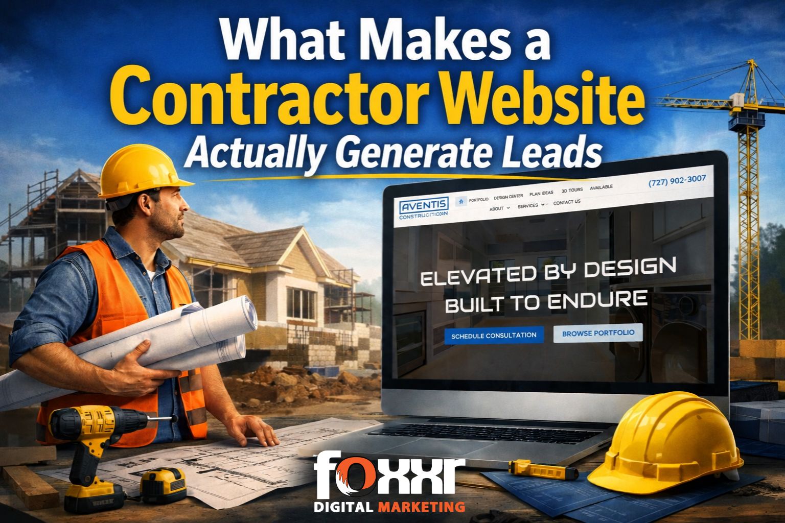 Contractor in an orange safety vest and hard hat reviewing blueprints on a construction site, standing next to a laptop showing a contractor website, with construction tools and an under-construction home in the background, illustrating how a contractor website can generate leads.