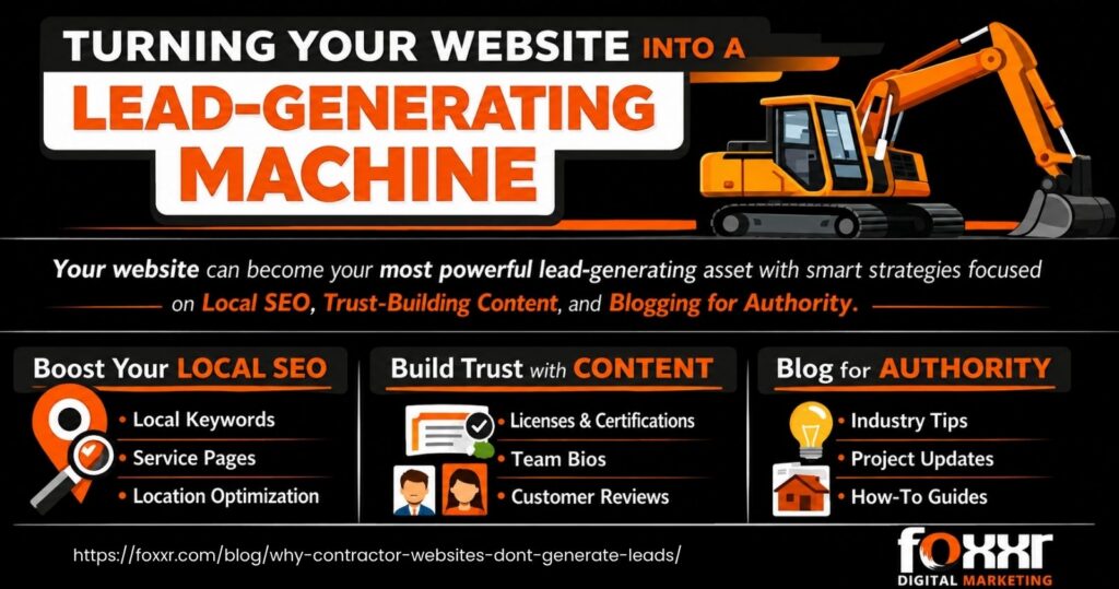 Construction professional holding blueprints and standing in front of a large laptop showing a contractor website, highlighting how contractor websites generate leads effectively, with construction site and crane in background, digital marketing concept.