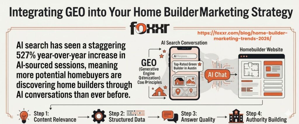 Infographic on integrating geo (generative engine optimization) in home builder marketing strategy, highlighting ai search conversations, structured data, and content relevance for 2026.