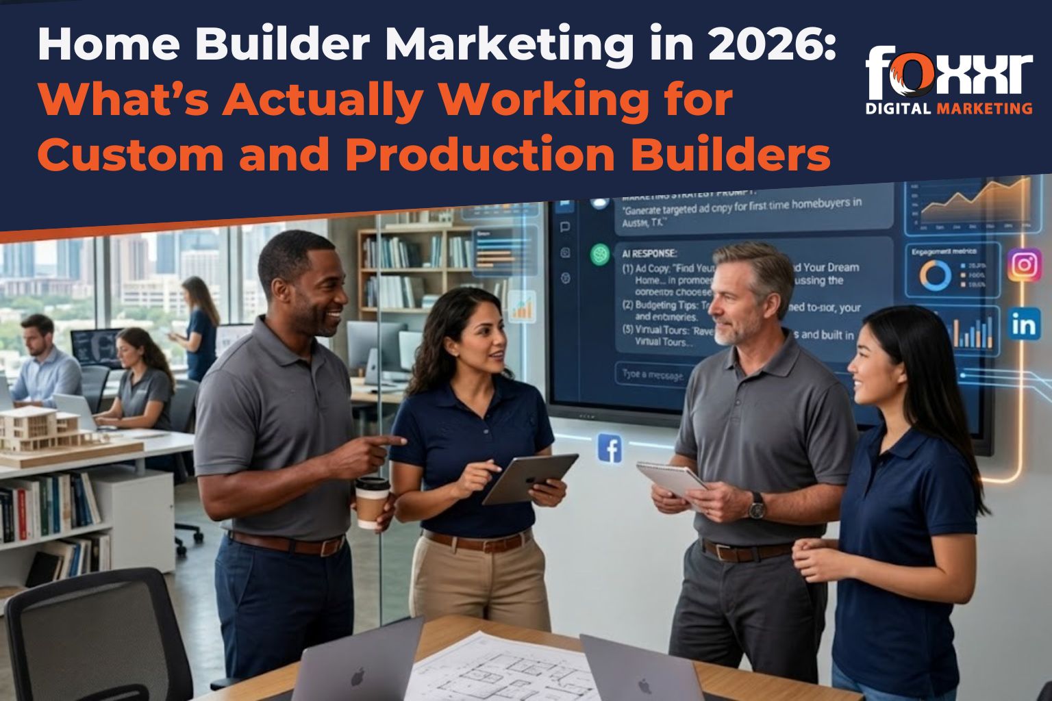 Home builder marketing strategies for 2026: a team discussing digital marketing, ai tools, and virtual tours, with a focus on custom and production builders