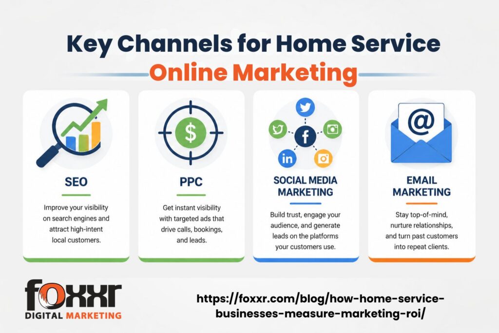 Infographic illustrating key channels for home service online marketing, including seo for search visibility, ppc for targeted ads, social media marketing to engage customers, and email marketing to nurture relationships and encourage repeat business. Highlights strategies to increase leads and conversions for home service businesses.