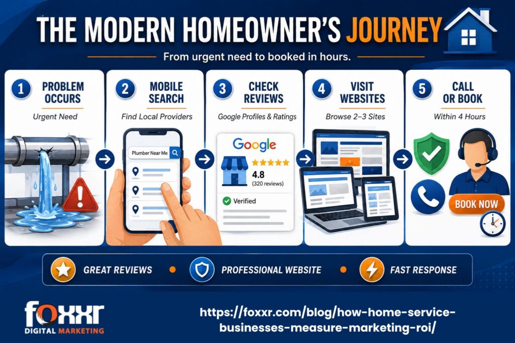 Infographic illustrating the modern homeowner’s journey from urgent service need to booking a home service professional within hours. Highlights steps including problem occurrence, mobile search for local providers, checking reviews, visiting websites, and calling or booking, emphasizing the importance of reviews, professional websites, and fast response for contractors.