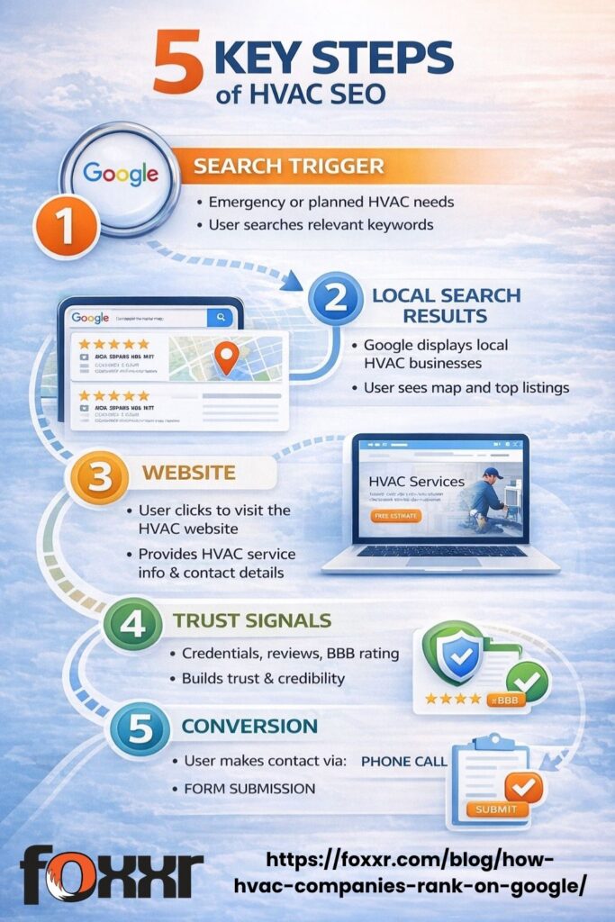 Infographic outlining the 5 key steps of hvac seo: search trigger, local search results, website visit, trust signals, and conversion. Highlights how users find hvac companies through google and the steps they take to contact a service provider.