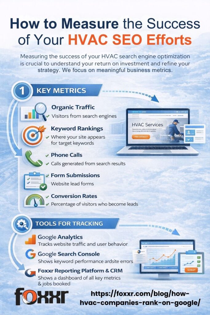 Infographic on how to measure hvac seo success, highlighting key metrics like organic traffic, keyword rankings, phone calls, form submissions, and conversion rates. Also covers tools for tracking, including google analytics, google search console, and foxxr's reporting platform
