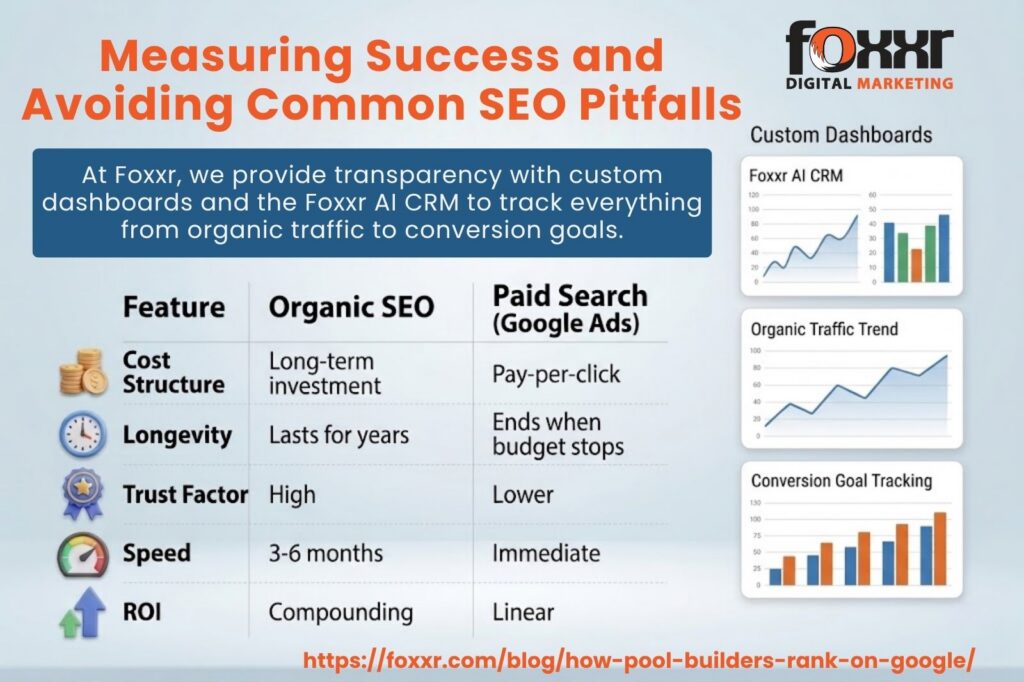 Infographic comparing organic seo vs paid search (google ads) for pool builders, highlighting key features like cost structure, longevity, trust factor, speed, roi, and tracking conversion goals.